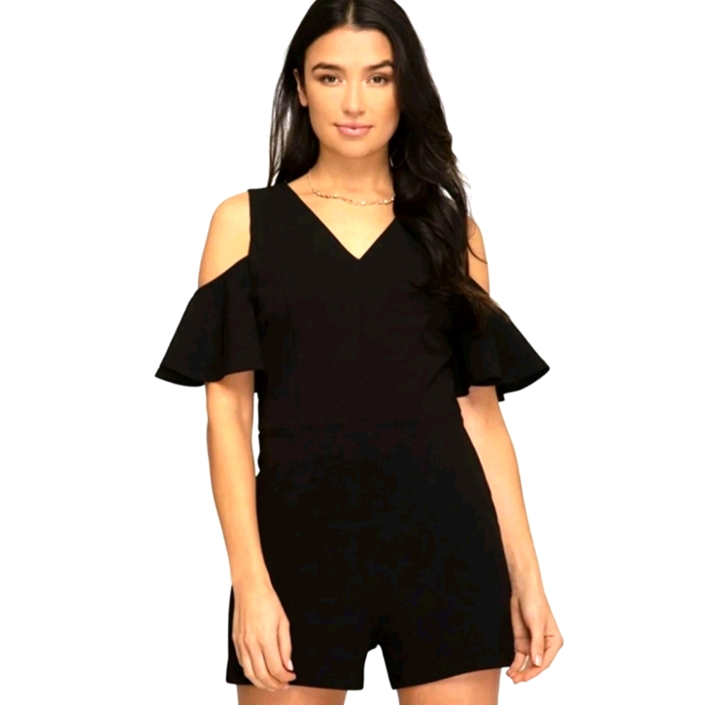 Anthropologie Black Cold Shoulder Ruffle  Jumpsuit By Elevenses Size Medium